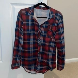 Blue red and white plaid print button down shirt